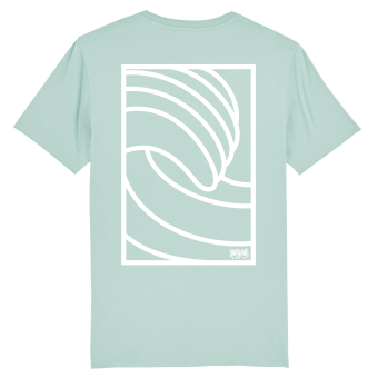 Turquoise T-shirt met een wit, stijlvol grafisch design van golven