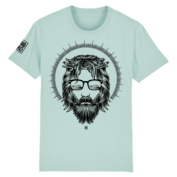 Turquoise surf t-shirt met artwork van meneer van Nazareth met zonnebril