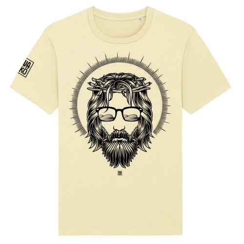 Geel surf t-shirt met artwork van meneer van Nazareth met zonnebril