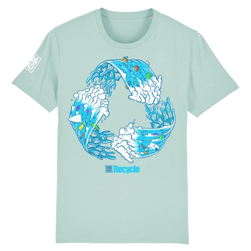 Groen surf T-shirt met artwork van een Escher stijl recycle golf