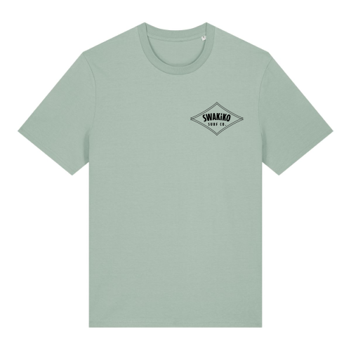 Voorkant van een groen surf T-shirt met borstlogo van SWAKiKO