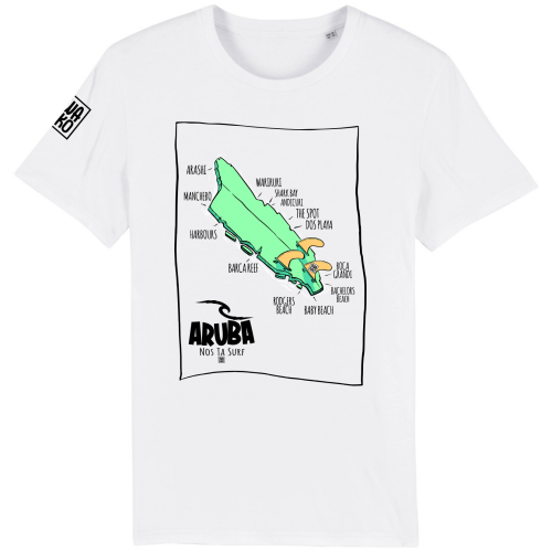 Grijs T-shirt met een design van Aruba als beschadigd surfboard en de namen van stranden en surf spots.