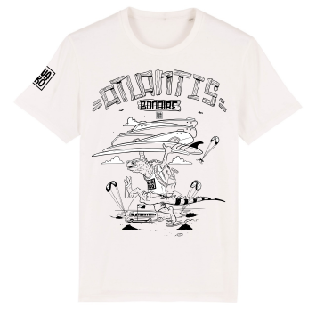 Wit Bonaire Kitesurf T-shirt met een leguaan die met een stapel kiteboards op Atlantis kitebeach loopt