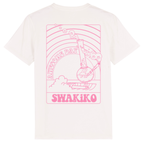 Gebroken wit Awesome Day T-shirt met roze design van een surfende waterpijp