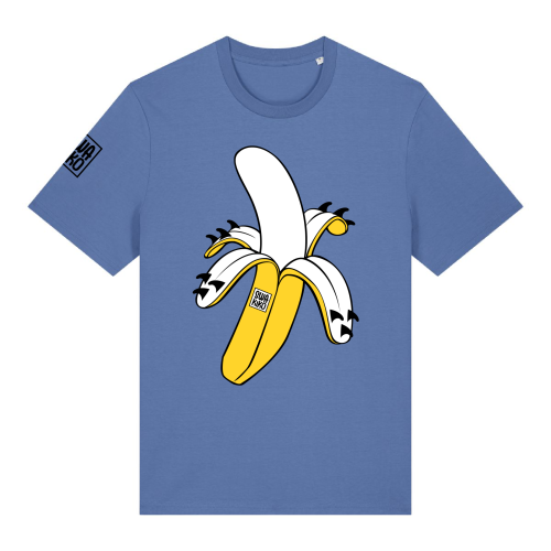 Blauw T-shirt met zeer origineel artwork van een banaan met surf fins