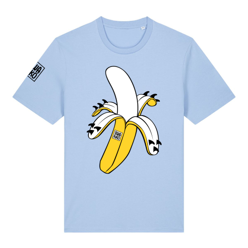 Licht blauw T-shirt met zeer origineel artwork van een banaan met surf fins