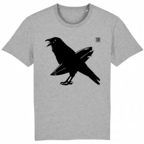 Surf style T-shirt with black crow and surfboard under its wing