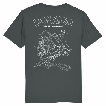 Antraciet Bonaire Cruisers T-shirt met twee ezels die een wheelie maken met een golfkar