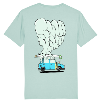 Turquoise Surf t-shirt met design van een rokende auto van de stoke met surfboard op dak