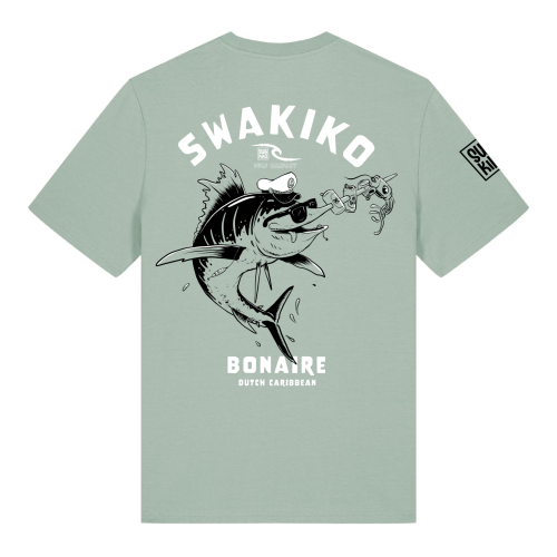 Licht Groen Swakiko Bonaire T-shirt met cartoon print van een Blue Marlin met zonnebril 