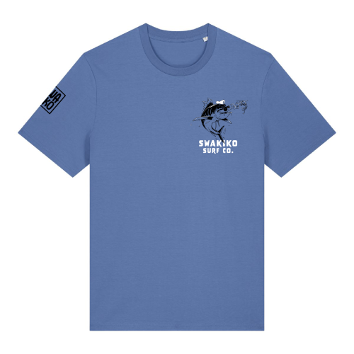 Blauw T-shirt met Swakiko borstlogo van een Blue Marlin