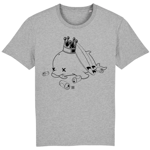 Grijs T-shirt van een dronken dolfijn met surfboard op z'n rug en een kroon op zijn hoofd
