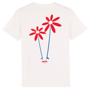 Offwhite T-shirt met twee bloemen bestaand uit surfboards - Surfen en kunst komen samen in deze unieke print