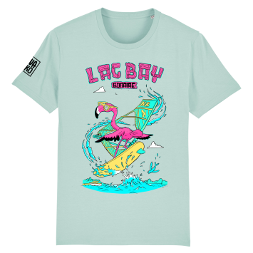 Turquoise T-shirt met freestyle surfende flamingo op Lac Bay Bonaire