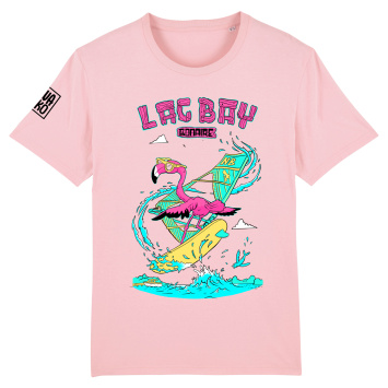 Roze T-shirt met freestyle surfende flamingo op Lac Bay Bonaire