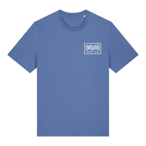 Blauw T-shirt met een borstlogo van Swakiko surf co.