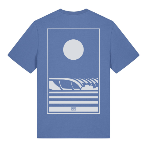 Blauw T-shirt met een stijlvol grafisch design van golven bij volle maan