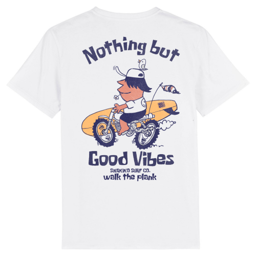 Wit T-shirt met een vrolijke snuiter die op zijn fiets rijdt met een surfboard en de tekst: 'Nothing but good vibes'