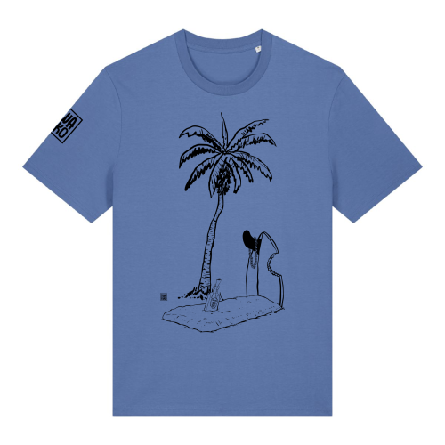 Blauw T-shirt met design van een palmboom bij een graf