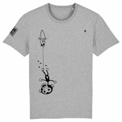 Grappig grijs T-shirt  met een ondersteboven hangende aap aan zijn surfboard,