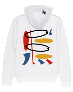 Witte hoodie met artwork van surfboards en fins geïnspireerd door de stijl van Miro