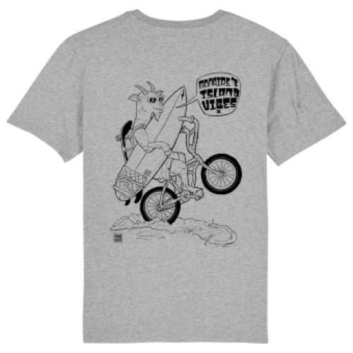 Grijs Bonaire Island Vibes T-shirt met geit die op z\'n achterwiel over Bonaire fietst met een surfboard in de hand en skateb