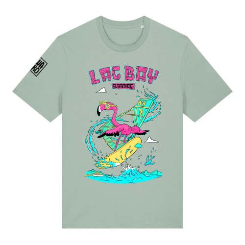 Aloë groen T-shirt met freestyle surfende flamingo op Lac Bay Bonaire