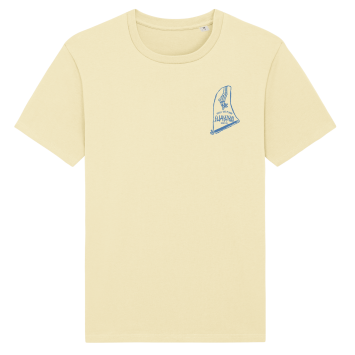 Geel T-shirt met blauwe borstprint van een fin met de tekst\' \'walk the plank\'