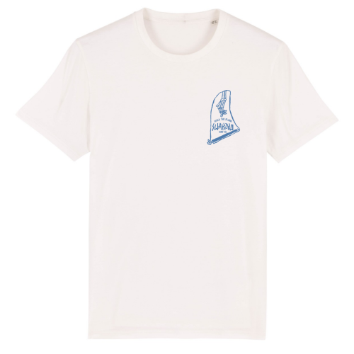 Off white T-shirt met blauwe borstprint van een fin met de tekst' 'walk the plank'