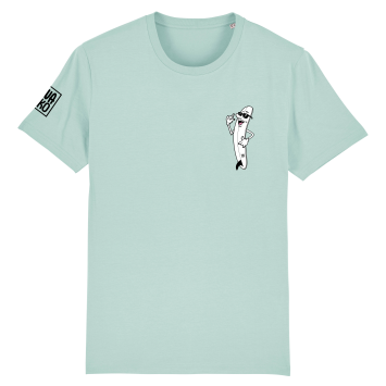 Voorkant van een turquoise T-shirt met op de borst een cartoon van een lachend Surfboard met SWAKiKO logo