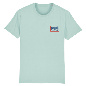 Voorkant van een turquoise T-shirt met SWAKiKO logo op de borst