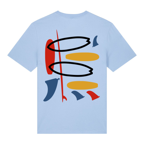 Kleurrijk surf geïnspireerd T-shirt, blauw, met Miró-achtig kunstdesign