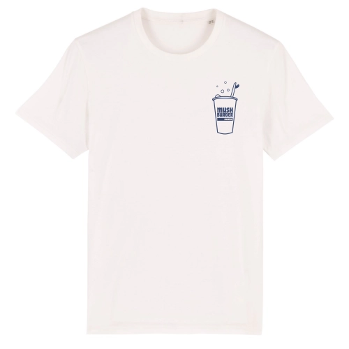 Wit T-shirt met Mush Burger drinkbeker & surfboard als borstlogo
