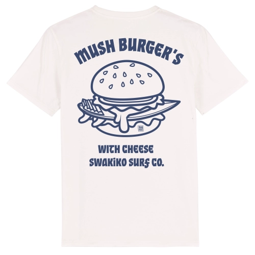 Wit Mush Burger T-shirt met  blauw design van een surfboard in hamburger met kaas!