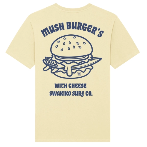 Geel Mush Burger T-shirt met  blauw design van een surfboard in hamburger met kaas!