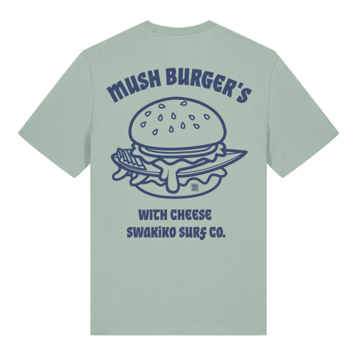 Aloë groen Mush Burger T-shirt met  blauw design van een surfboard in hamburger met kaas!