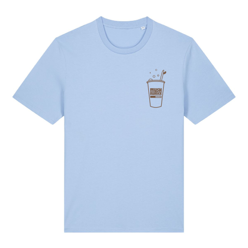 Voorkant van het aloë groene ‘mush burger’ T-shirt met op de borst het SWAKiKO logo als drinkbeker met een surfplank als riet