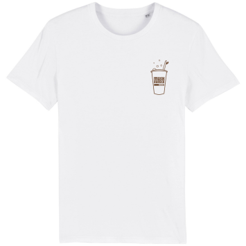 Voorkant van het witte ‘mush burger’ T-shirt met op de borst het SWAKiKO logo als drinkbeker met een surfplank als rietje
