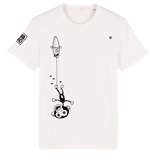 Grappig wit T-shirt  met een ondersteboven hangende aap aan zijn surfboard,