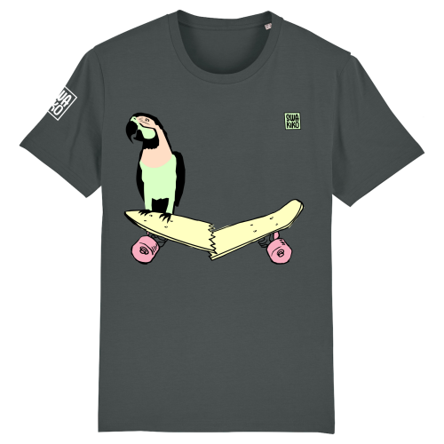 Antraciet T-shirt met design van een papegaai die op zijn gebroken skateboard zit en opzij kijkt