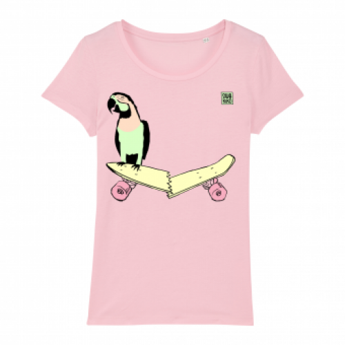 Skate T-shirt women, parrot on skateboard, pink