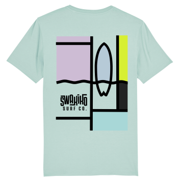 Turquoise T-shirt met een kleurrijk surf design geïnspireerd op de kunst van Piet Mondriaan