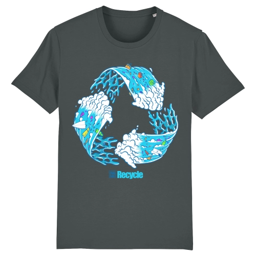 Antraciet surf T-shirt met artwork van een Escher stijl recycle golf