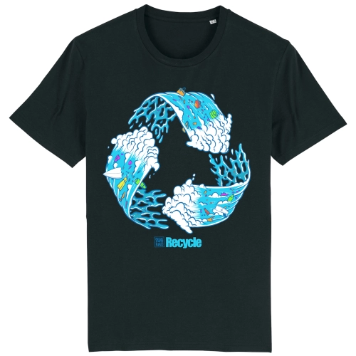 Zwart surf T-shirt met artwork van een Escher stijl recycle golf