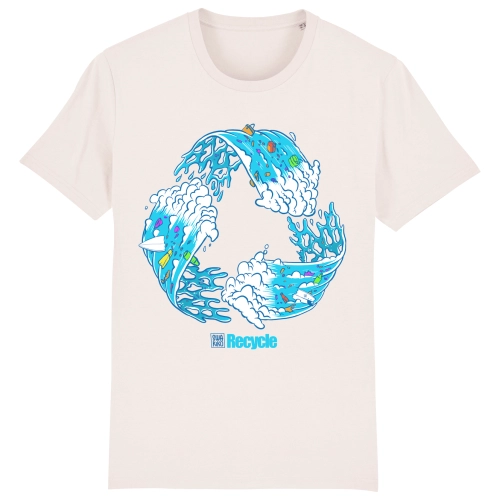 Wit surf T-shirt met artwork van een Escher stijl recycle golf