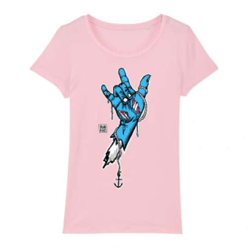 Surf t-shirt women pink, rock hand blue