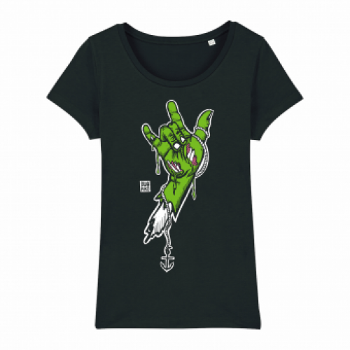 Surf t-shirt women green, rock hand on black T-shirt