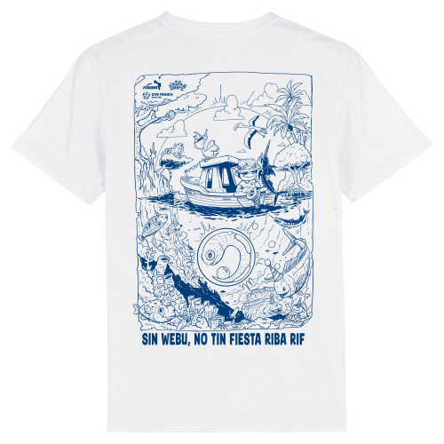 Wit Roffa Reefs T-shirts met levendig koraalrif en de tekst 'Sin webu no tin fiesta riba rif'