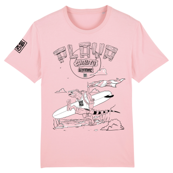 Roze Bonaire T-shirt: Cartoon van een leguaan die op Playa Chikitu met surfboard onder de arm naar zee rent - Speels design