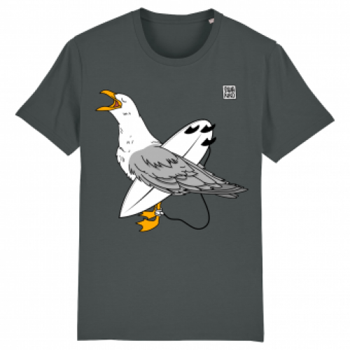 Antraciet T-shirt: Zeemeeuw met surfboard onder de vleugel, wachtend op de perfecte golf - Artistiek design